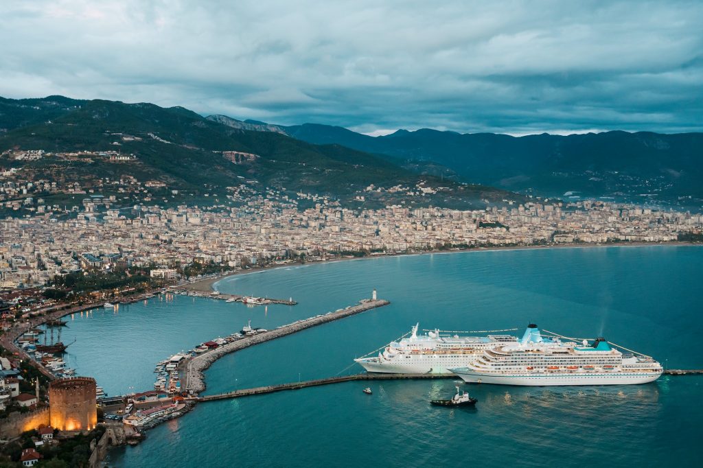 Cruise ships entering Harbor on a beautiful day in Antalya